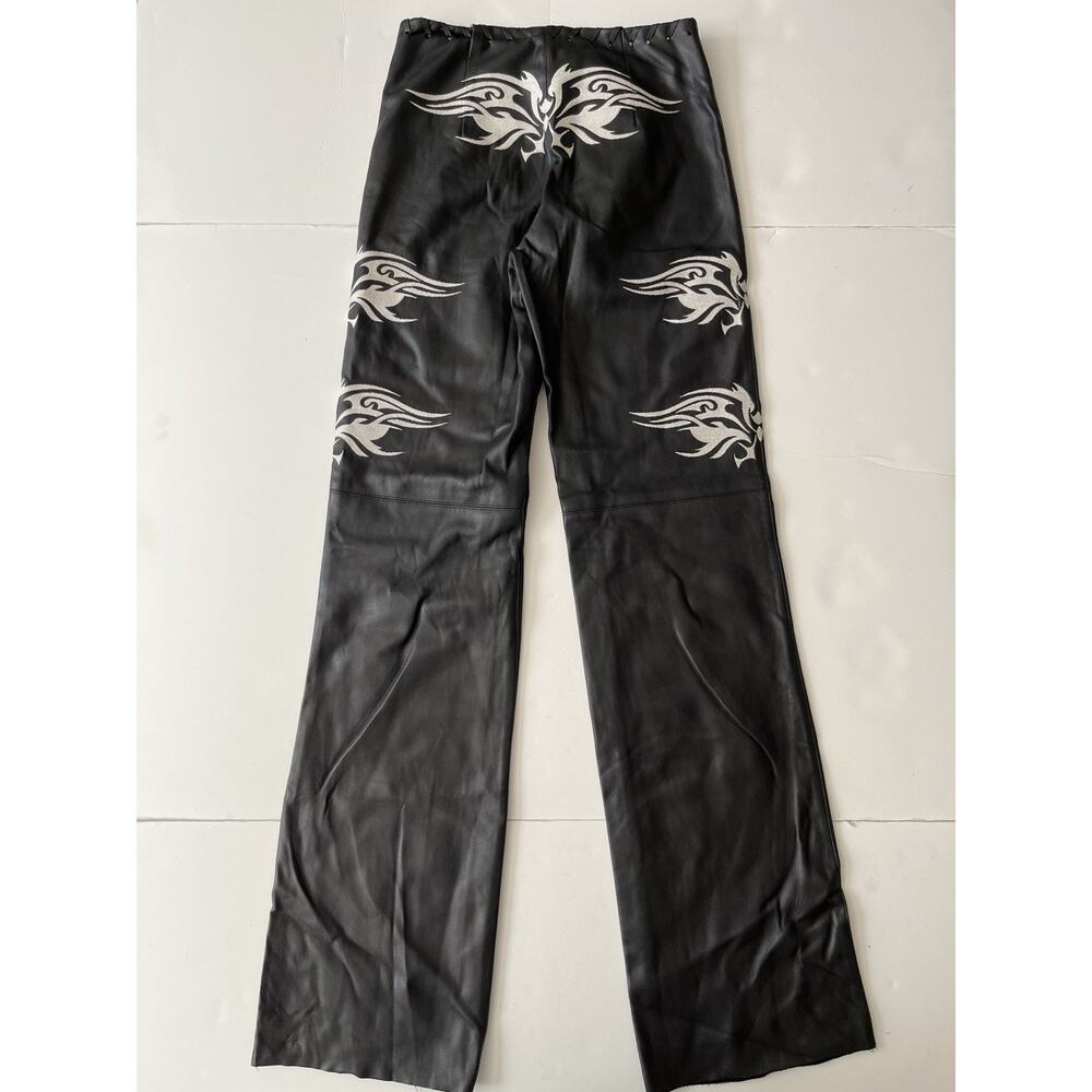 I AM GIA Faux Leather Pants Women 26x32 Black Embroidered Raw Hem Stretch Biker - Picture 11 of 11